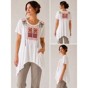 JW JOHNY Was  White Embroidered Tunic Top Sharkbite Hem  XL